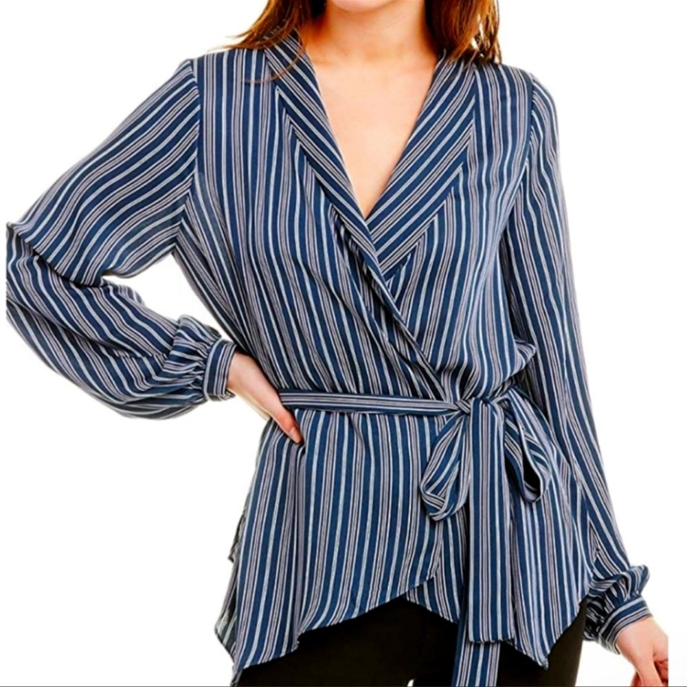 BCBG Max Azria Women's Asymmetric Striped Long Sleeve Wrap Blouse